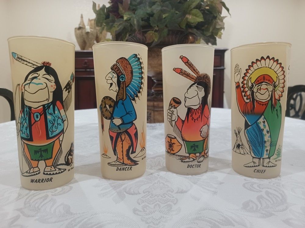 1950s Frosted Tumbler Glass American Indian Bill Flores Texaco Complete Set 4