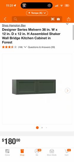 Hampton Bay. Designer Series Melvern 36 in. W x 12 in. D x 12 in. H Assembled Shaker Wall Bridge Kit