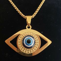 Stainless Steel Necklace With Evil Eye Blue Pendant...24 Inches Long Chain 