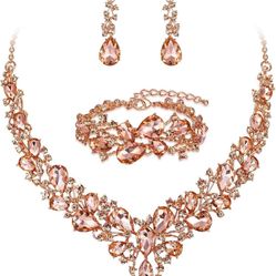 Wedding Bridal Jewelery for Women Austrian Crystal Teardrop Cluster Statement Necklace Dangle Earrings Link Bracelet Set