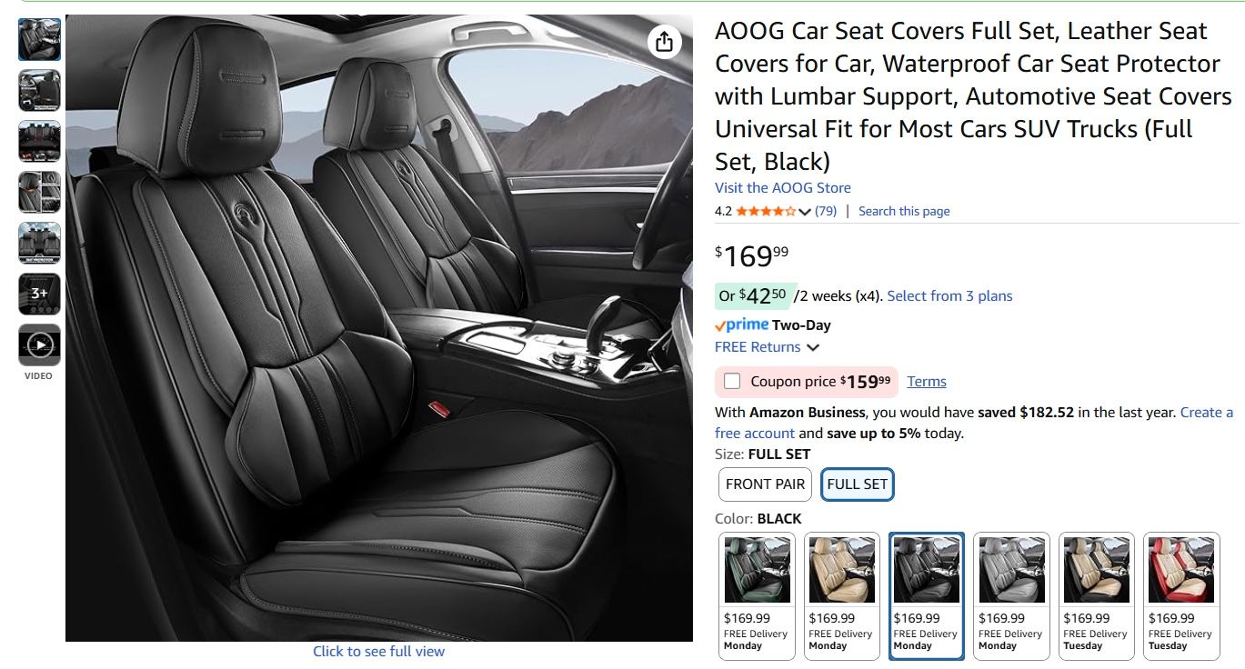 AOOG Car Seat Covers Leather Full Set Black NIB