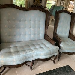 Vintage  Walnut Wood, Caned, High Back French Loveseat & Chair 