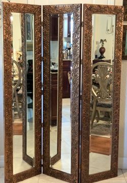 3-PANEL WOOD AND BEVELED GLASS DRESSING SCREEN/ROOM DIVIDER