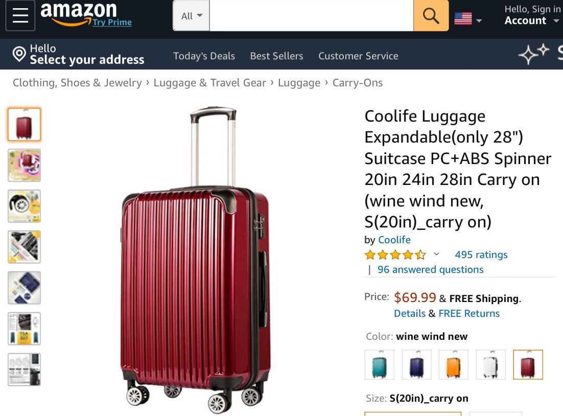 Coolife Luggage Expandable(only 28") Suitcase PC+ABS Spinner 20in 24in 28in Carry on (wine wind new, S(20in)_carry on)