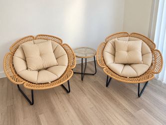 Set of 2 Boho Rattan Flower Accent Chairs – Beige Cushions