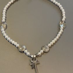 Faux Pearl Silver Cross Necklace   EUC $15