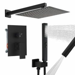 12” Rain Shower System with Handheld & Brass Rough-In Valve – Matte Black