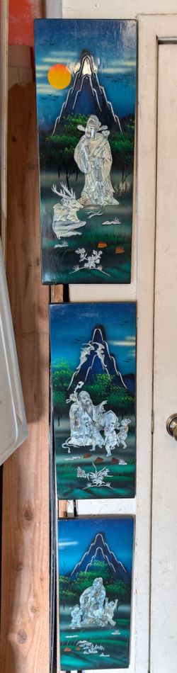 Vintage Asian Black Lacquer Mother of Pearl Wall Panels - Set of 3