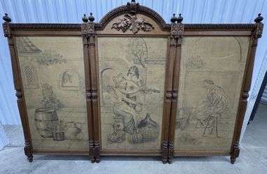 Antique Fire Screen / Folding Screen With Wooden Frame And Canvas Art 58”x84”x4”