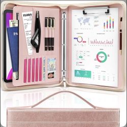 Rose Gold Padfolio With Pockets, Carrying Handle, 3 Ring Binder And Clipboard