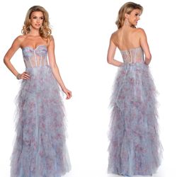 New With Tags Dave & Johnny Blue Print Flowy Floral Long Formal Dress & Prom Dress $155