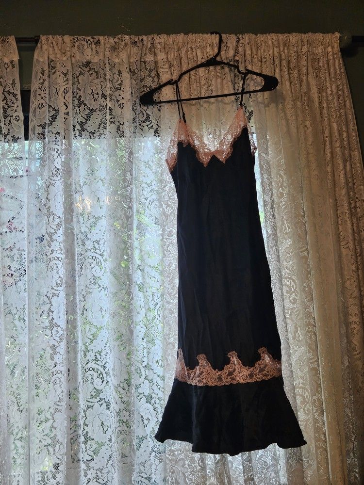 Vintage Pink And Black Lace Silk Slip Dress