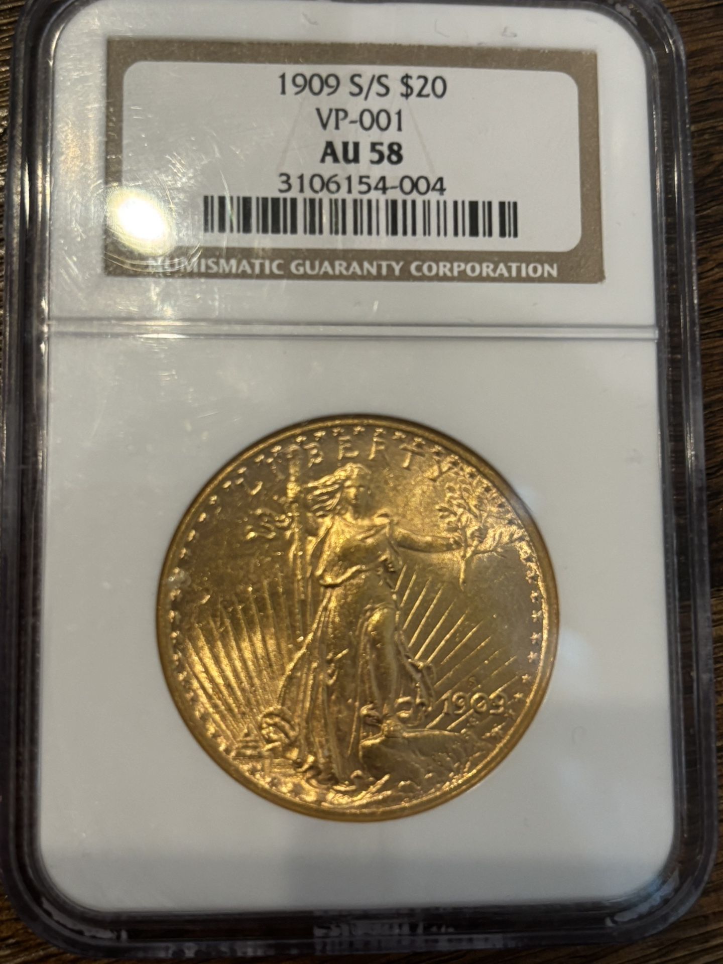 1909-S/S $20 Saint-Gaudens Double Eagle Gold Coin NGC AU58