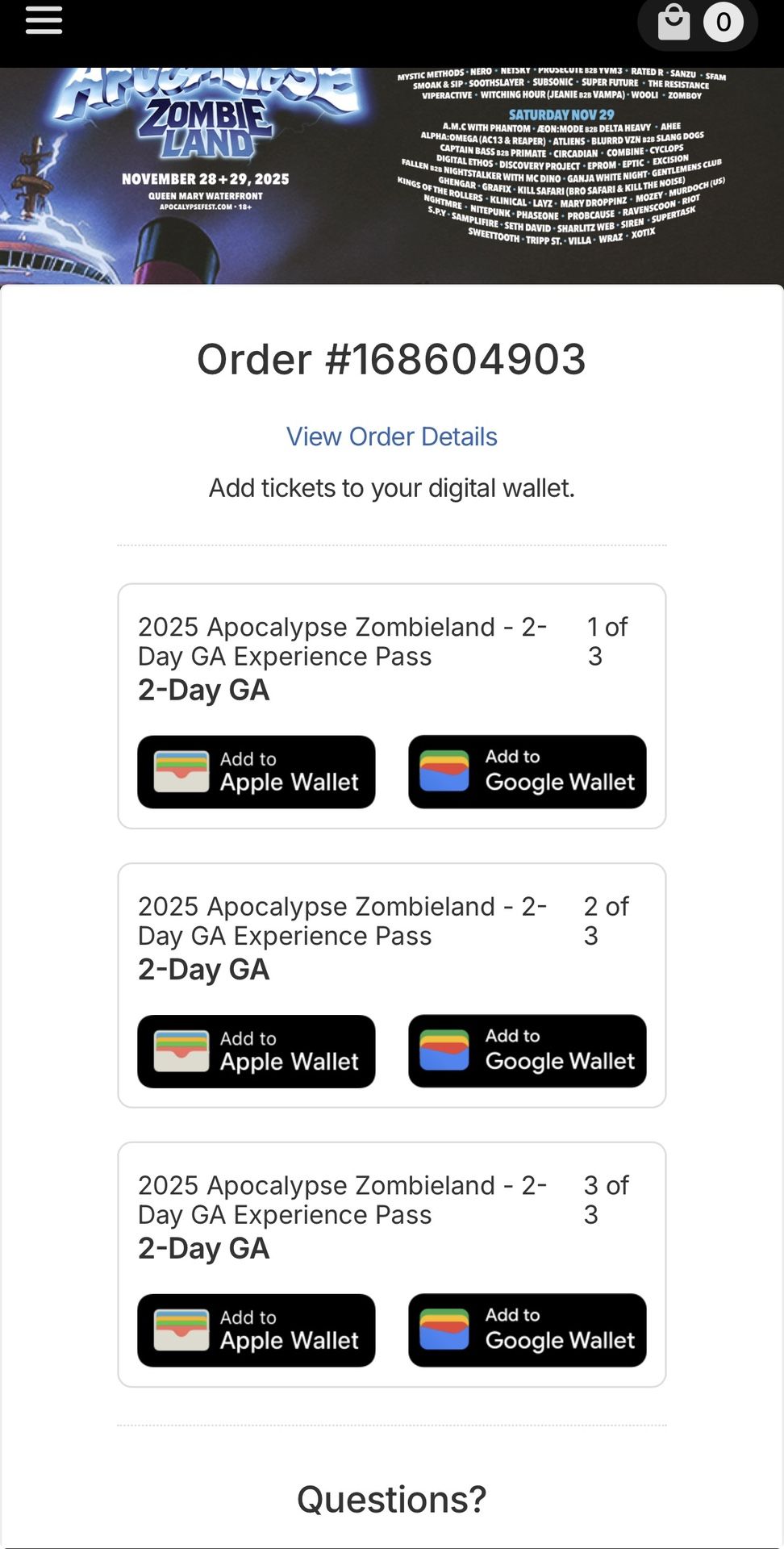 Zombieland Apocalypse GA 2-Day Pass 3 Tickets