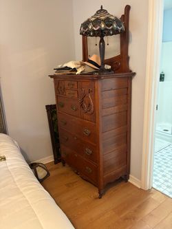 Antique Oak Highboy Dresser with Mirror