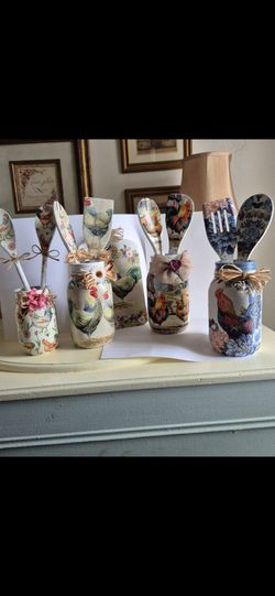 Decoupage Rooster Mason Jar Utensil Holder Sets
