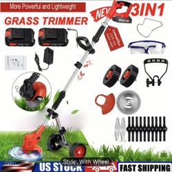 Powerful Grass Trimmer Cordless 21V 2.0AH Battery PoweredCordless Multi-Blade Weed Trimmer, with 2pcs Battery And 3 Types Of Blades And Auxiliary Whee