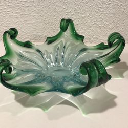 Vintage Beautiful Murano Glass Bowl Green Blue  10.50” Wide And 4” Tall