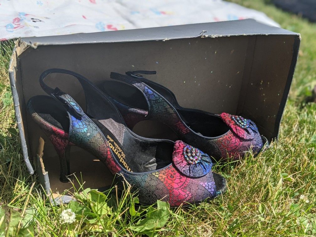 Vintage 1950s Mademoiselle Leather Taffeta Rhinestoned Shoes Size 7.5 Rainbow With Box