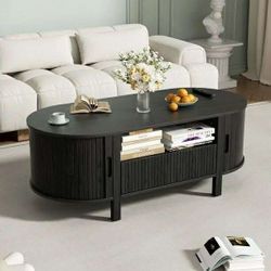 Coffee Table with Storage, Tambour Sliding Door, Open Shelf, Mid Century Modern Center Table with Drawer for Living Room, Black