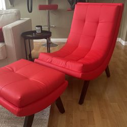 Red  Faux Leather Accent Chair With Ottoman