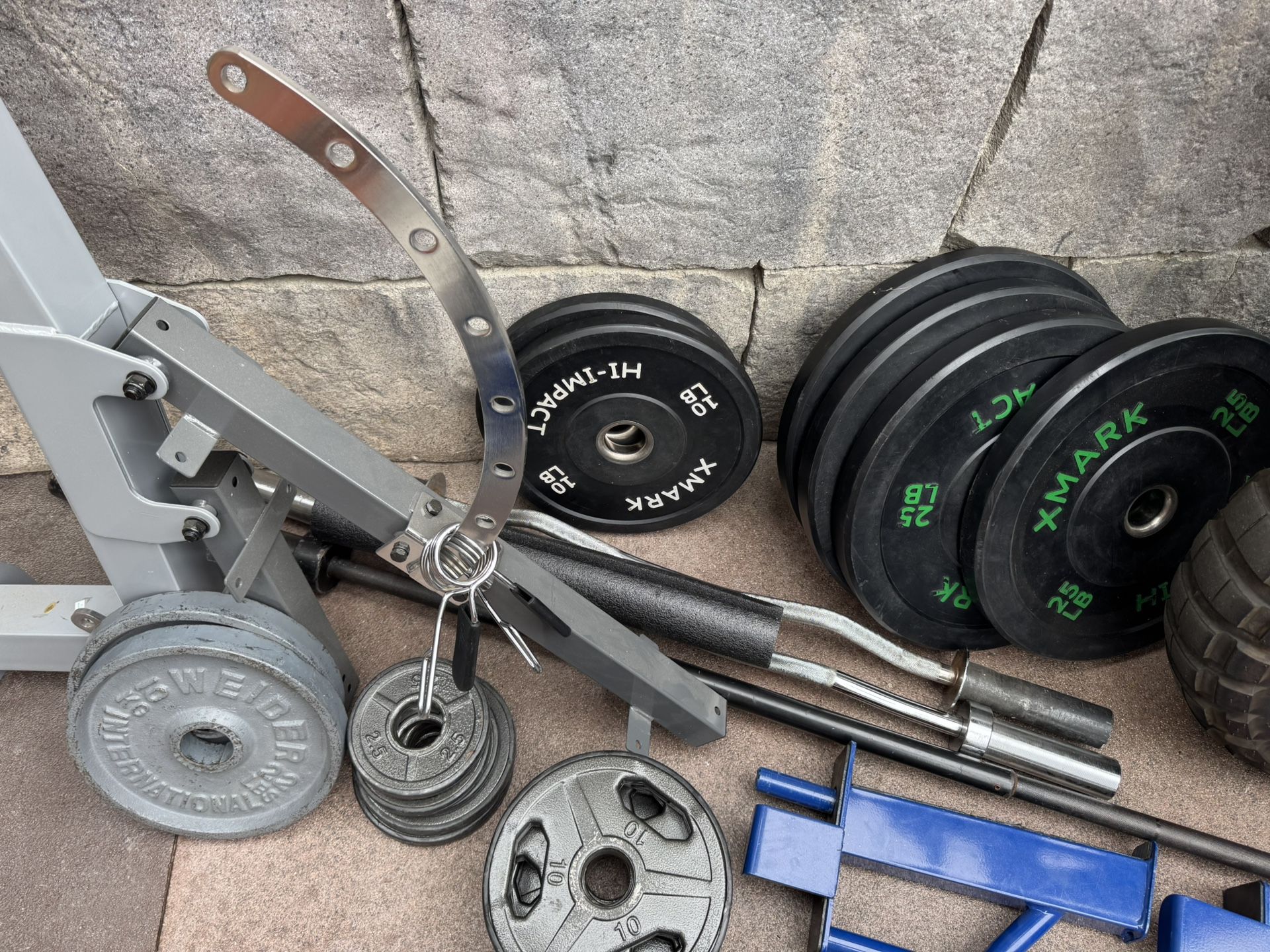 Bench And Weight Rack With 225 Plates And 3 Bars For Curl And Squats And Extras As New