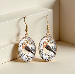 Gold Oval Bird Drop Earrings