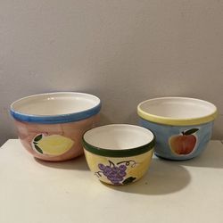 3 pc Ceramic Mixing Bowl Set | Three Piece Ceramic Serving Bowl Set Fruit Motif Sizes Below 🔻