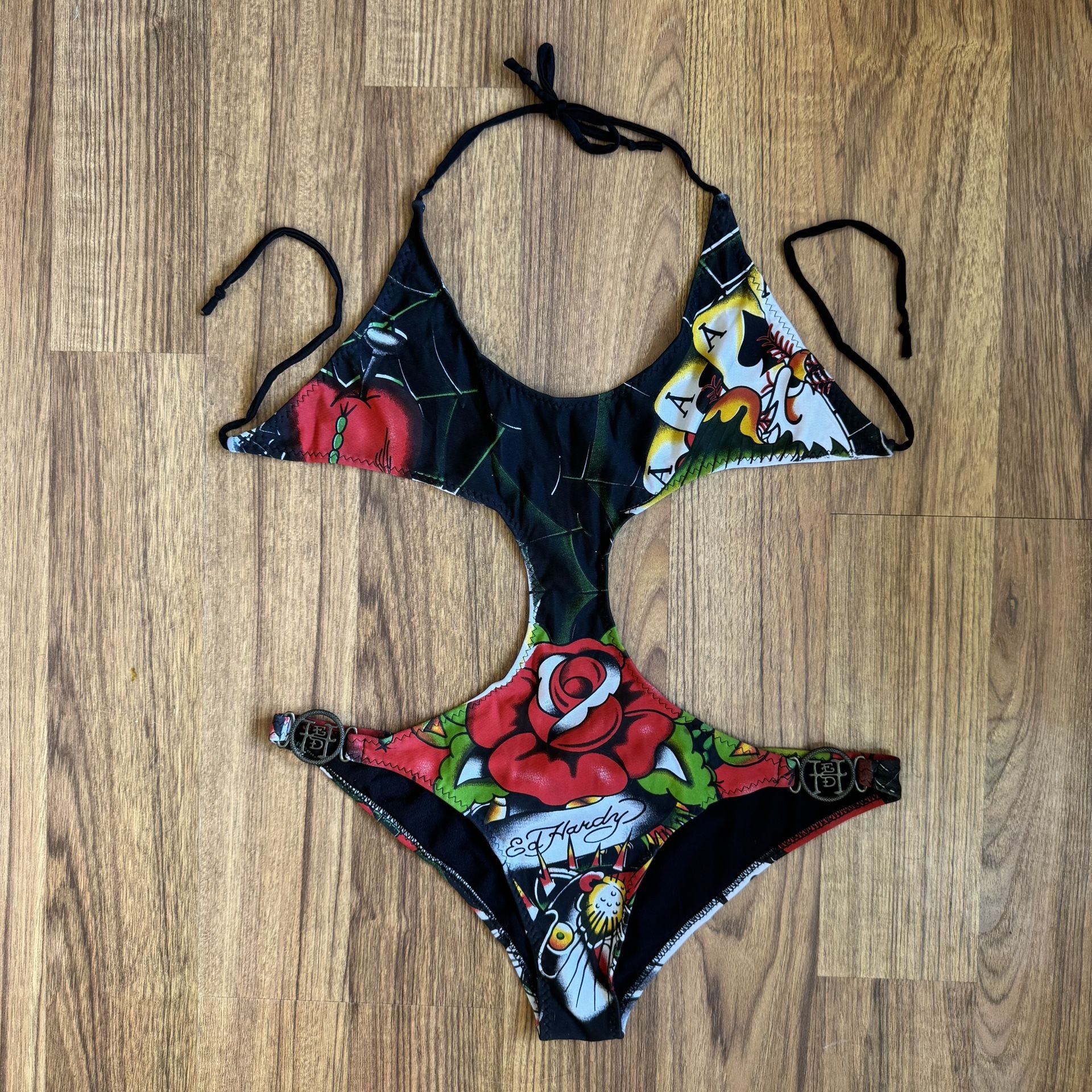 ED HARDY Vintage Y2K Rare Black Rose Spiderweb Puma Cut Out One Piece Swimsuit