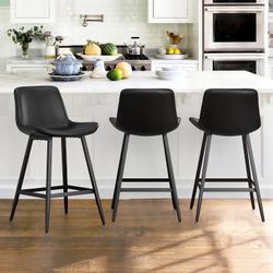 Set of 3 Counter Stool, 24 inch Modern Bucket Barstool, Faux Leather Bar Stools, Black