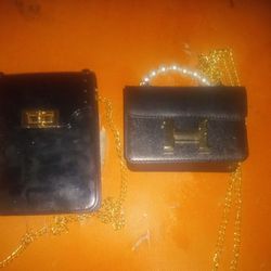 2 Black Purses With Gold Chain Strap