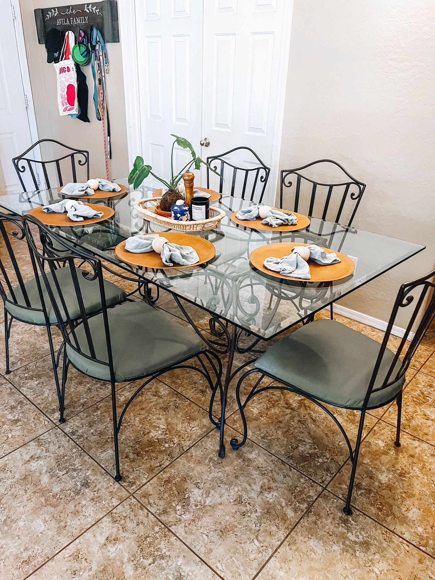 Wrought iron glass top Indoor Dining Table Person