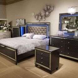 Refino Gray LED Upholstered Panel Bedroom Set,      Bed, Dresser, Mirror, Nightstand, Chest 