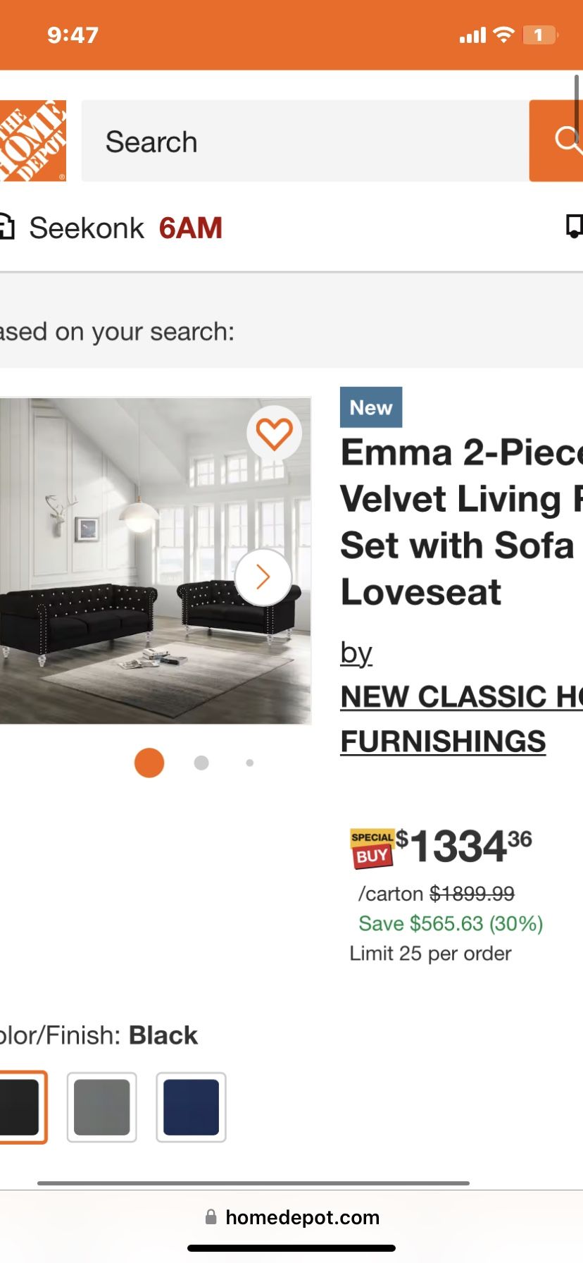 2 BEAUTIFUL BLACK VELVET DIAMOND TUFTED SOFAS.