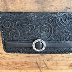 Brighton Black Woven Embroidered Leather Metal Details Bifold Cash Card Wallet