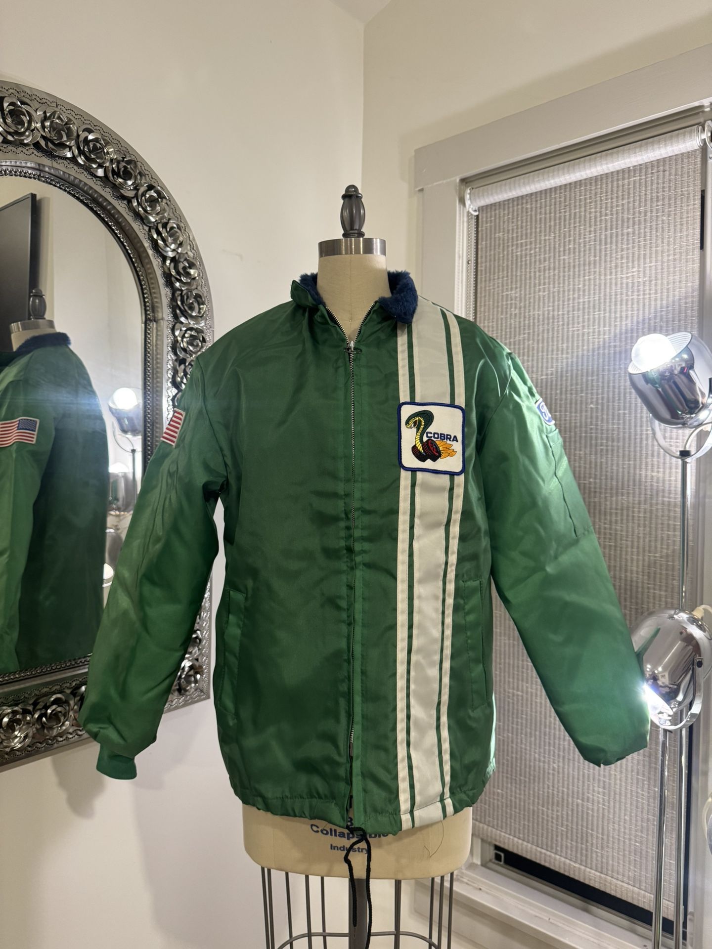 Vintage Men’s Ford Cobra Lined Racing Jacket Kelly Green Color Size Small