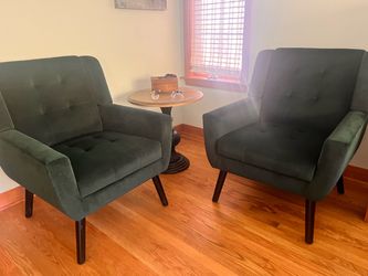2 Green Tufted Accent Chairs + Round Side Table