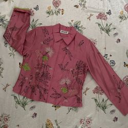 Women’s ANAGE Pink Silk Embroidered Floral Sequence Jacket Sz XL