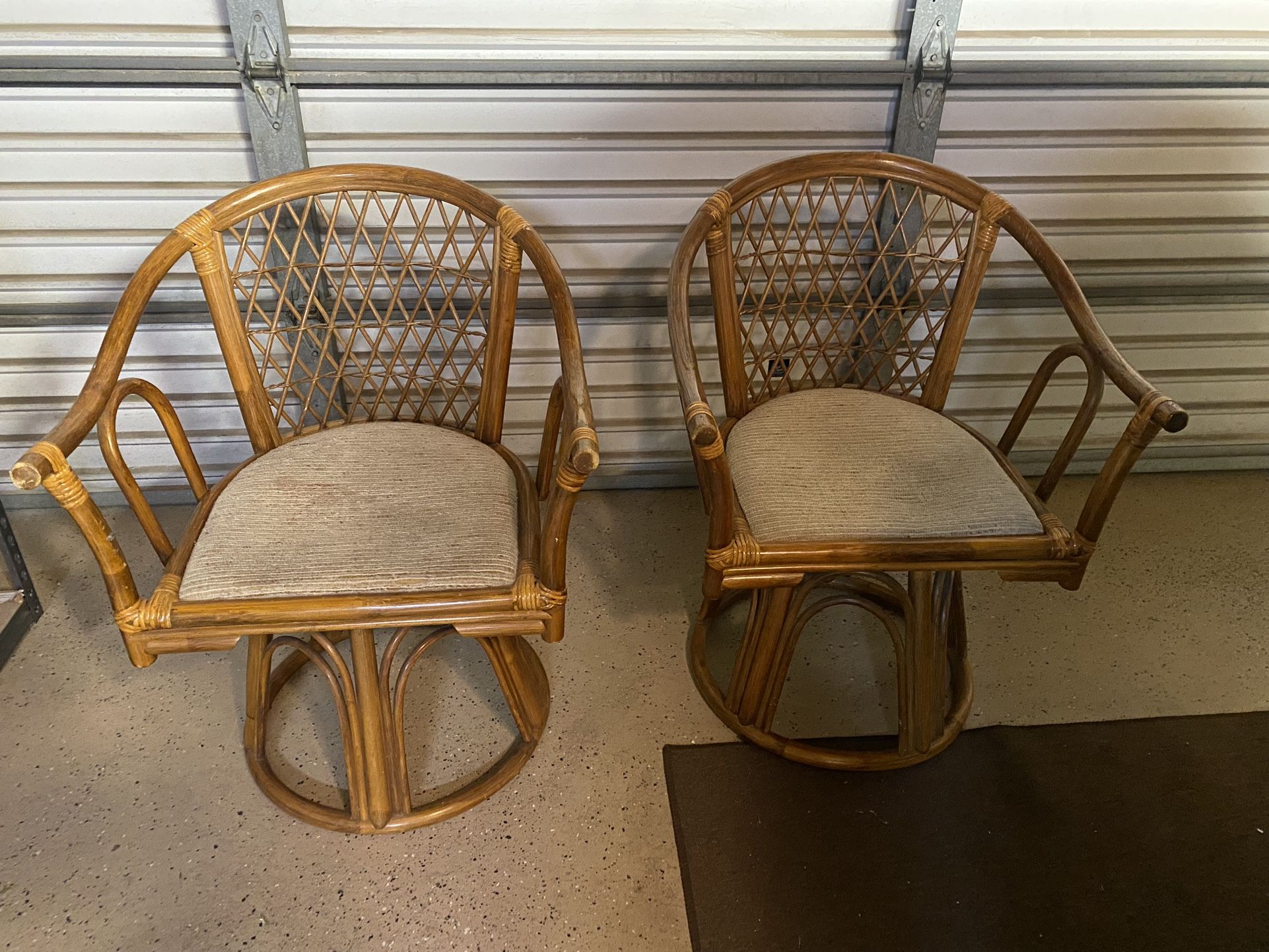 2 Vintage Bamboo Rattan Swivel Chairs