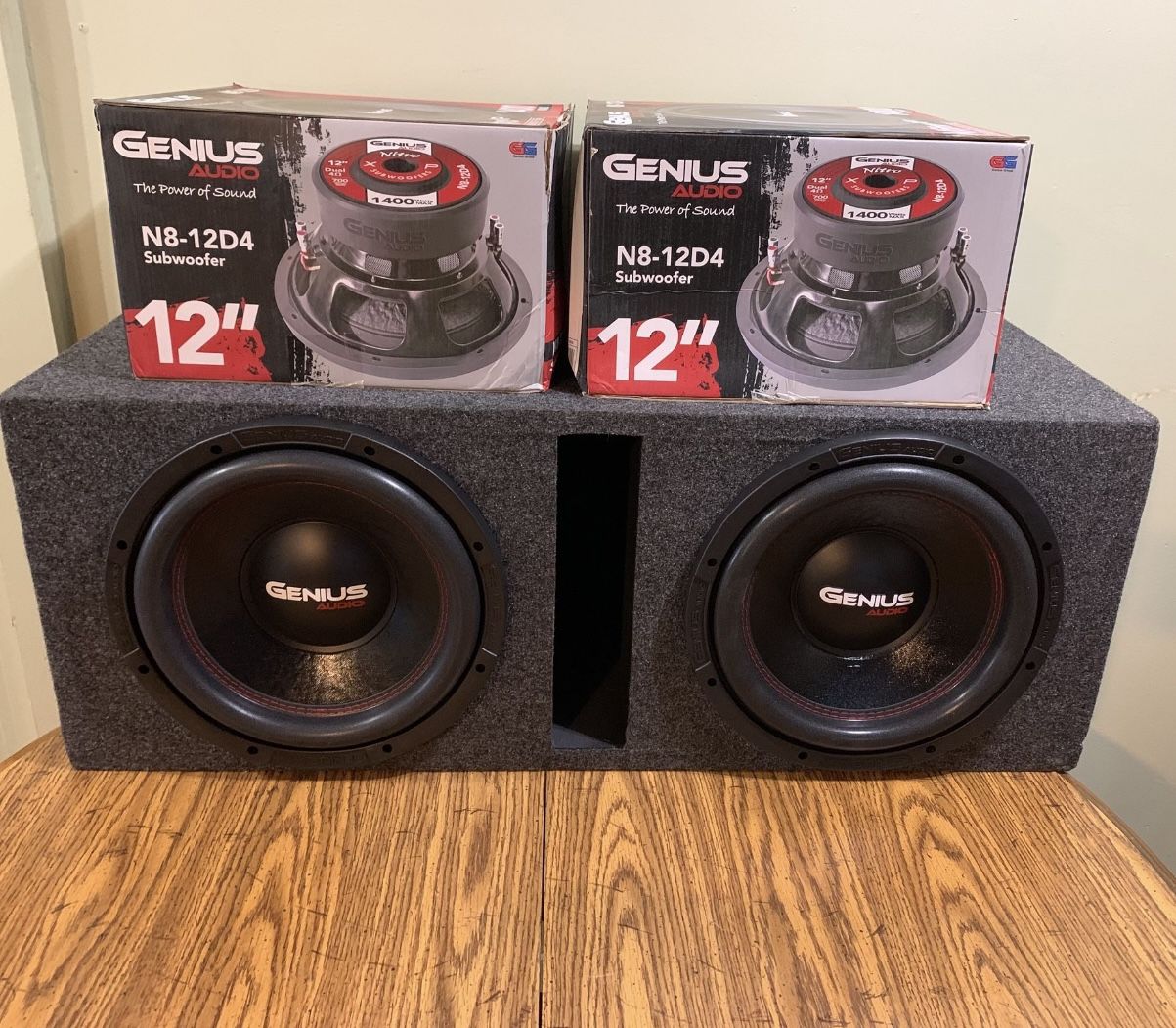 Brand New 12” Genius Audio Subwoofers + New Slot Vent Ported Enclosure  
