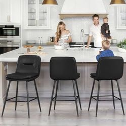 Bar Stools Set of 3, Double-Layer Upholstered Counter Height Bar Stools for Kitchen Island, Faux Leather Barstools with Back and Footrest, 24 Inch Arm