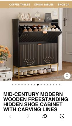 MID-CENTURY MODERN WOODEN FREESTANDING HIDDEN SHOE CABINET WITH CARVING LINES