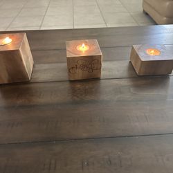 Handcrafted Wooden Rustic Candle Holder set of (3) with 3 tea light candles