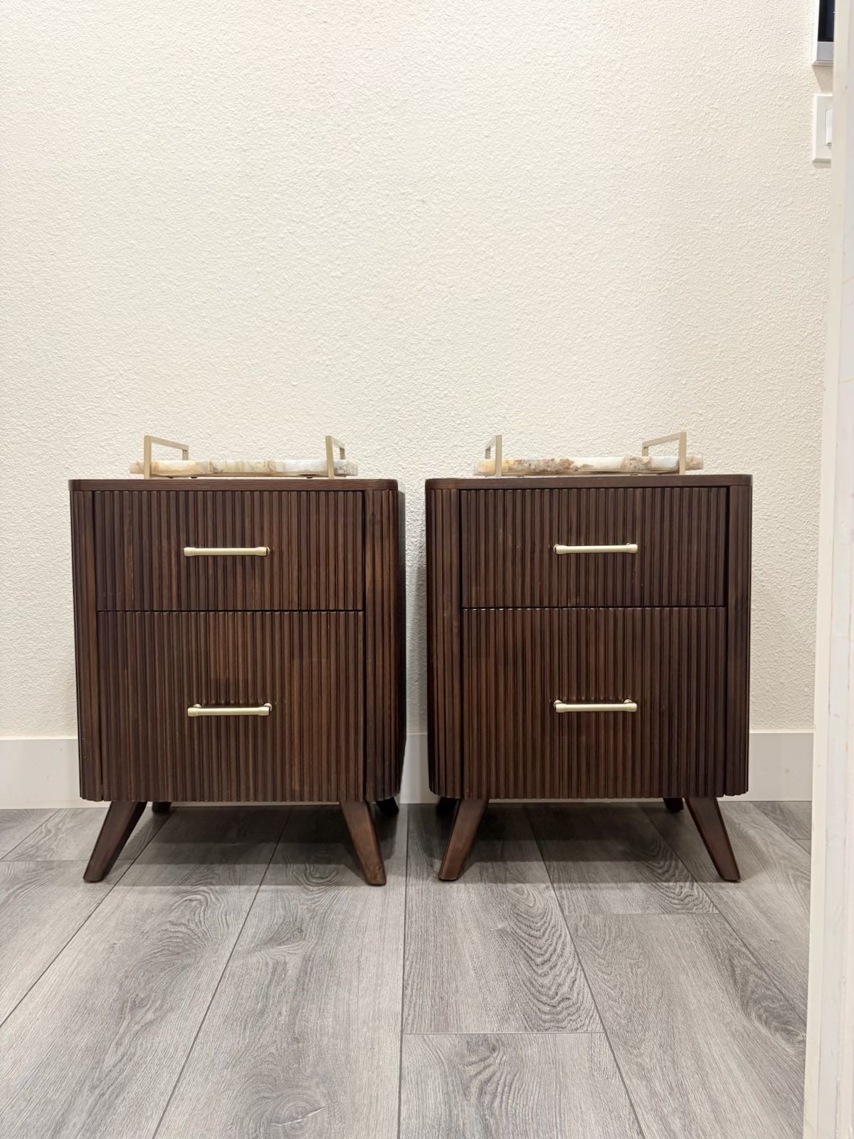 Deep Brown Fluted Wooden Nightstands with Two Drawers & Brass Pulls | Side Tables | End tables |NEW