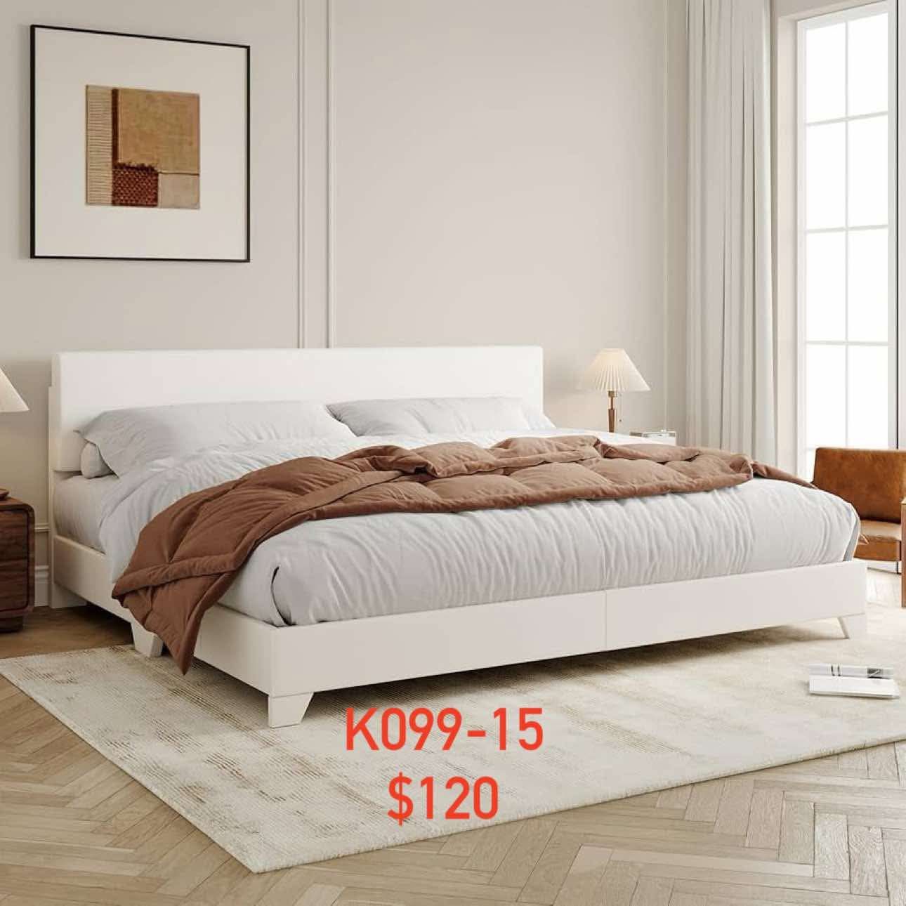 King Size Bed Frame with Adjustable Headboard, Faux Leather Platform Bed with Wood Slats(099-15)