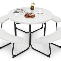 Assembled New 8 Person Picnic Table, Outdoor Round Picnic Table with 4 Built-in Benches, Umbrella Hole, Metal Frame & HDPE Tabletop, Outside Table and