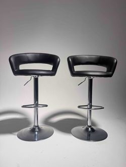 **2 Black Faux Leather Bar Stools – Silver Base**