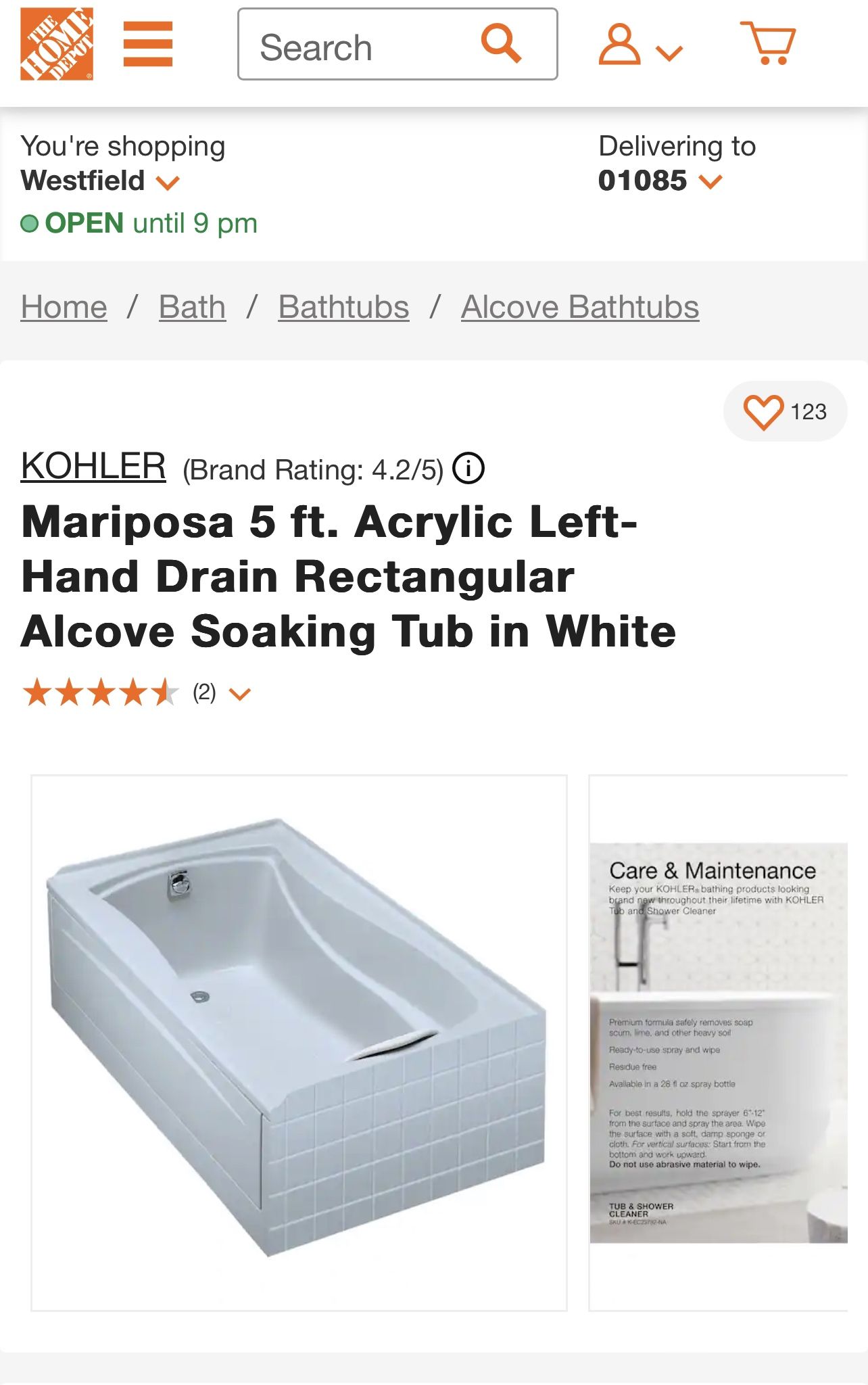 New white Kohler Soaking bathtub