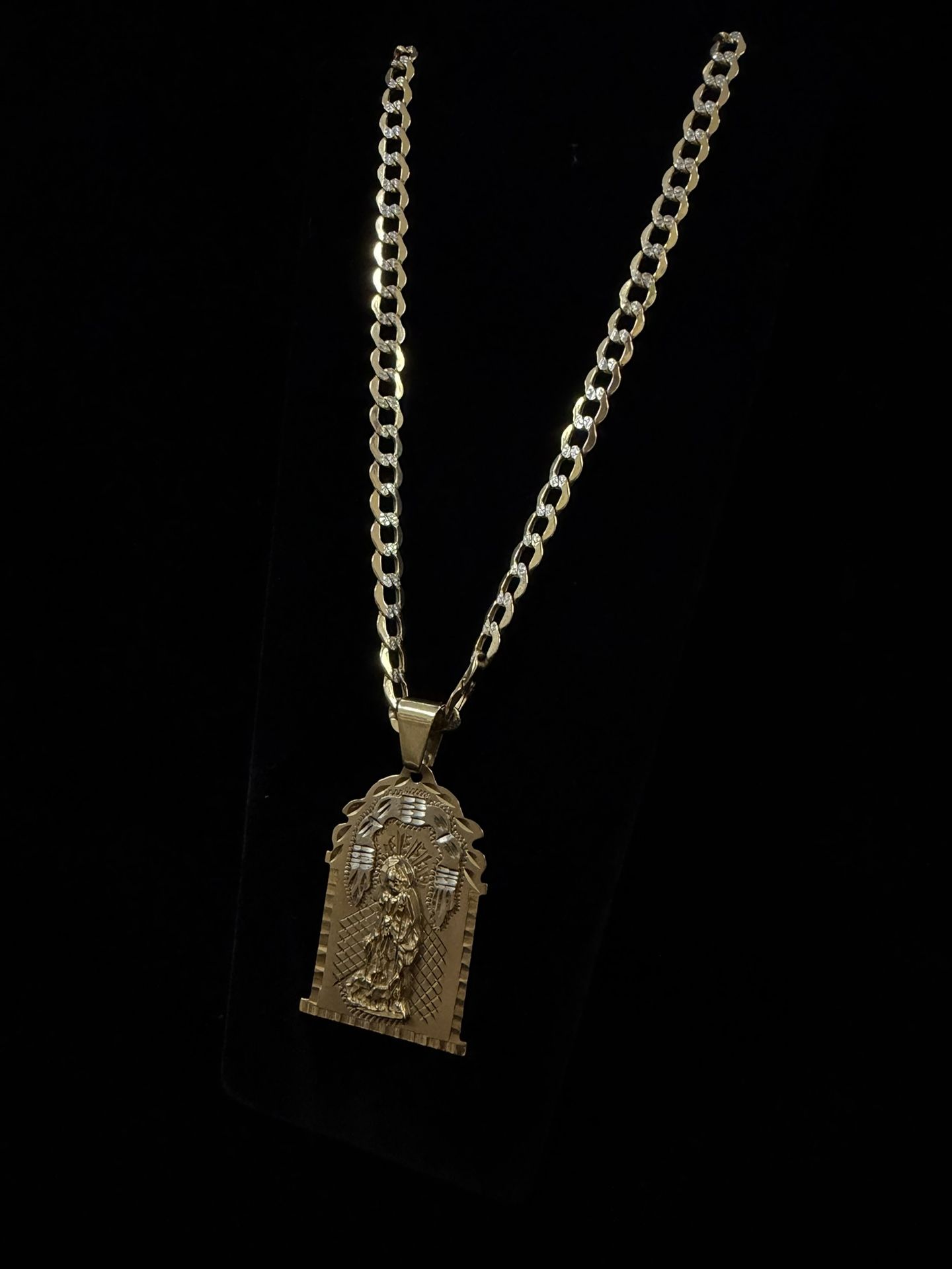 22” 10k 21.6G Cuban Link Chain, Two Tone With Nice Decorative Catholic Pendant