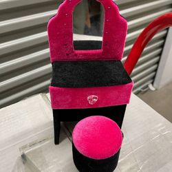 JEWELRY BOX - Black and Pink Plush Vanity with Stool